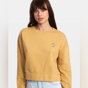 RVCA "Easey Crew" Cropped Crewneck Sweatshirt Mustard Yellow Daisy Embroidery XS
